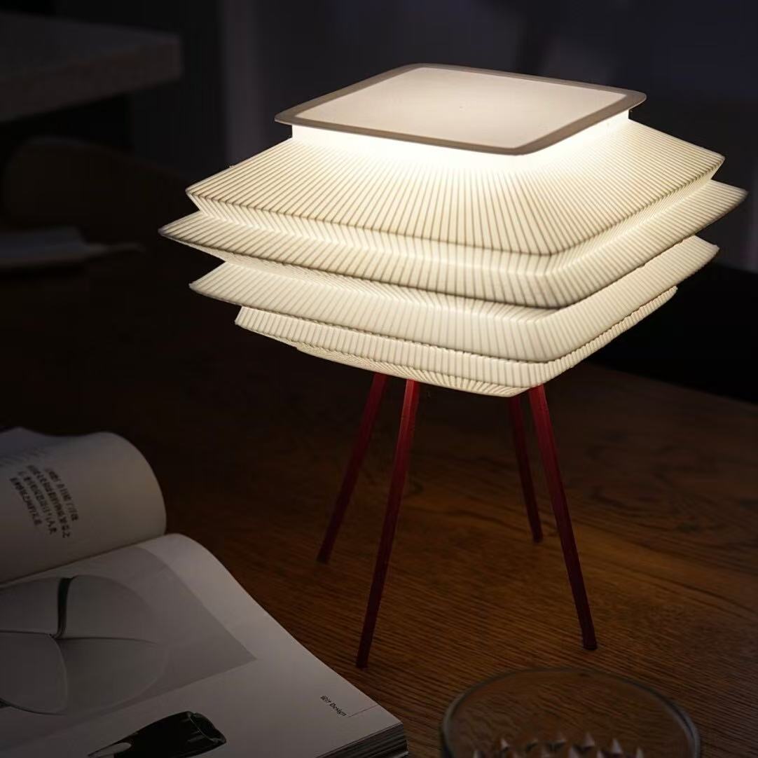 Modern 3D Printed Table Lamp with Red Tripod - Unique LED Ambient Light