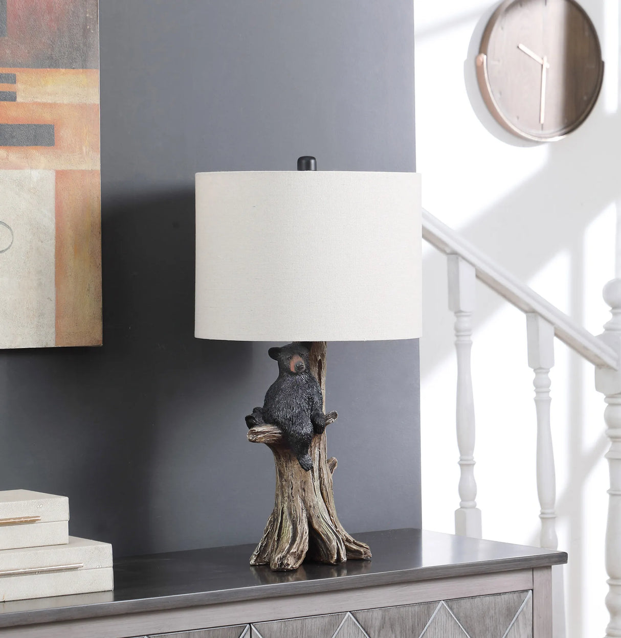 25" Black Blear in a Tree Table Lamp With Beige Shade