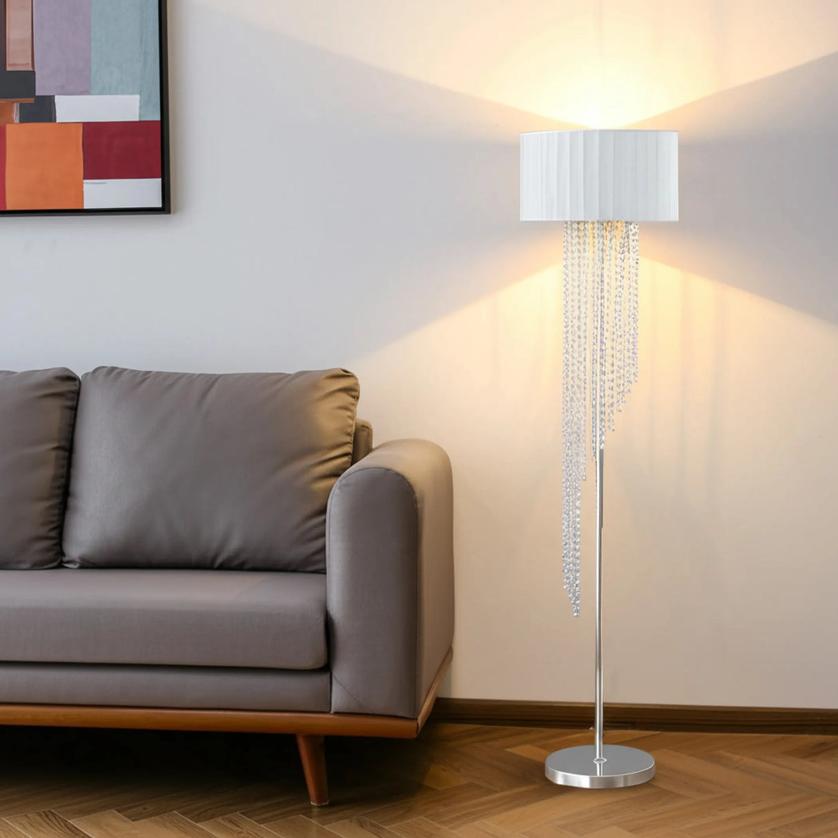 66" Clear And Silver Crystal And Metal Floor Lamp With White Linen Drum Shade