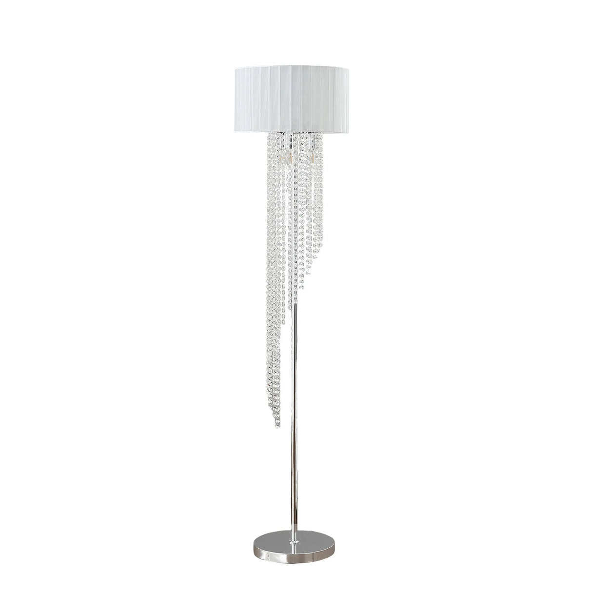 66" Clear And Silver Crystal And Metal Floor Lamp With White Linen Drum Shade