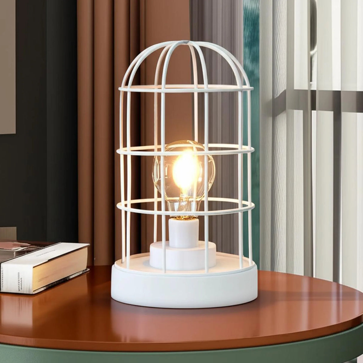 Battery Operated Lamp With Cage Cylinder Shade