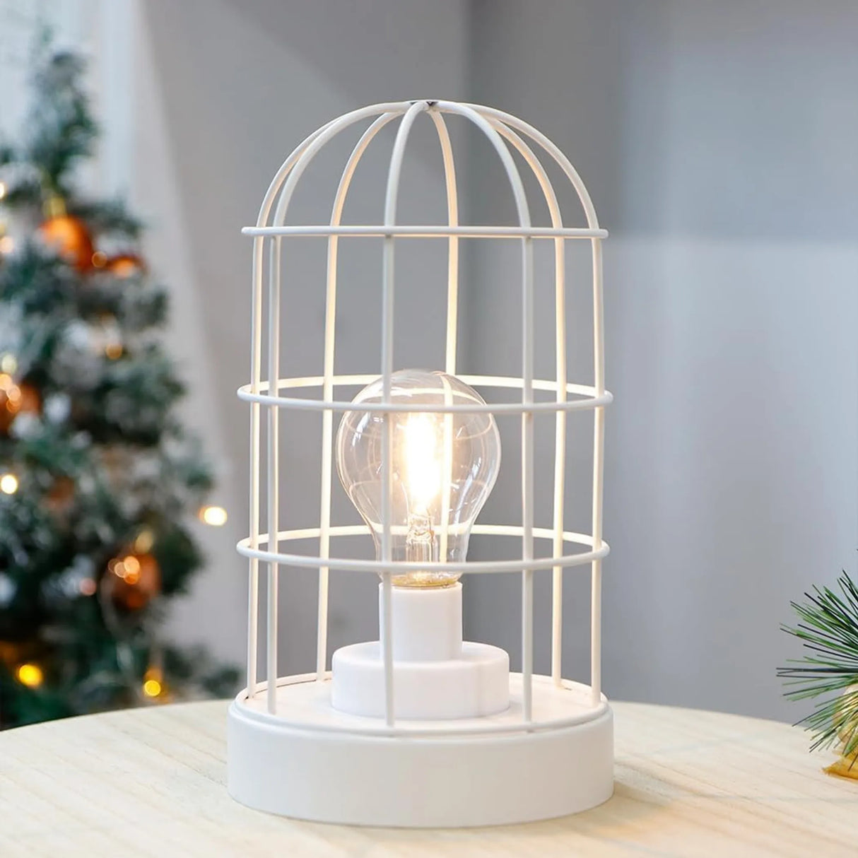 Battery Operated Lamp With Cage Cylinder Shade