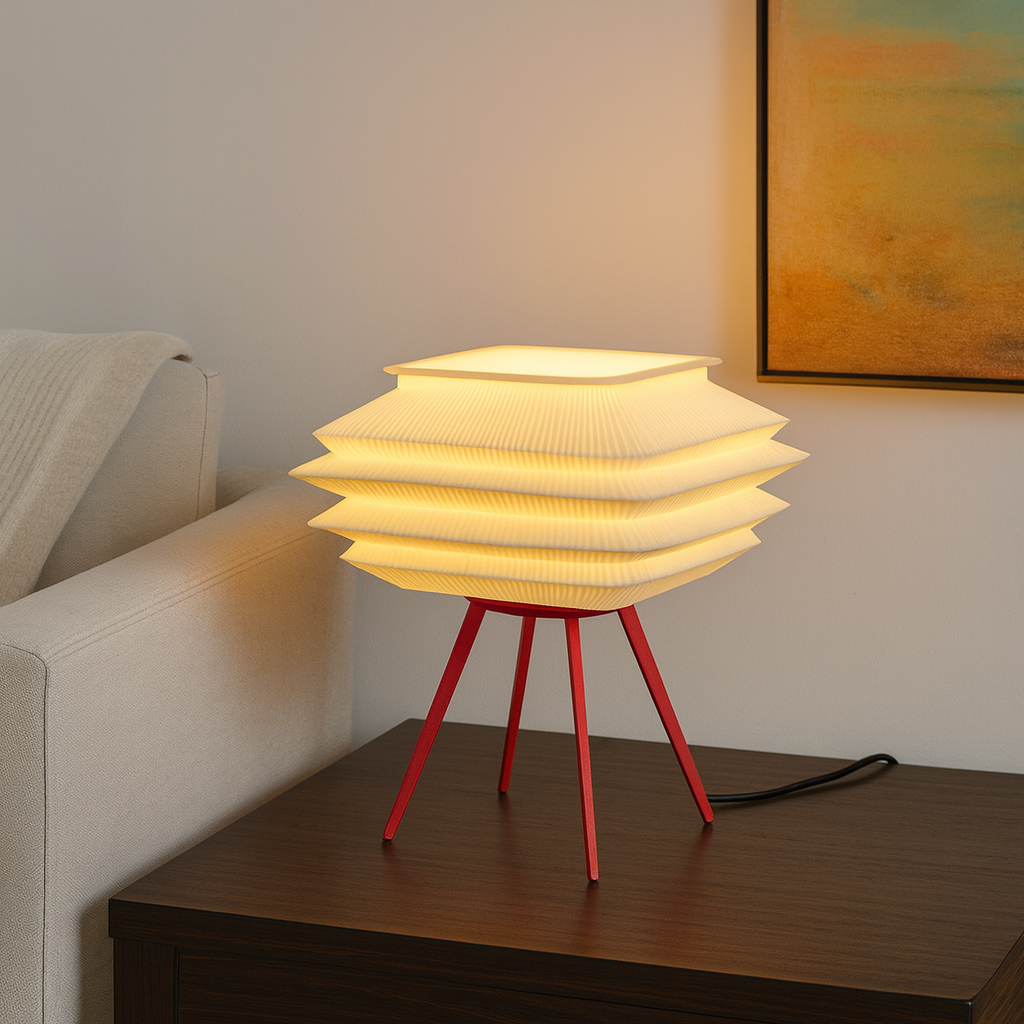 Modern 3D Printed Table Lamp with Red Tripod - Unique LED Ambient Light