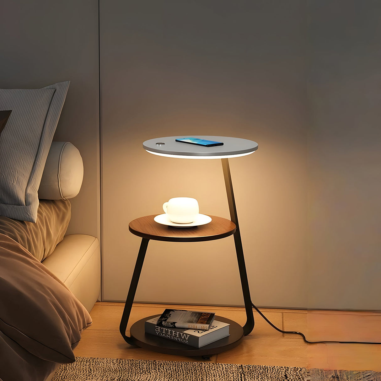 Smart Nightstand with Wireless Charger & Dimmable LED Night Light