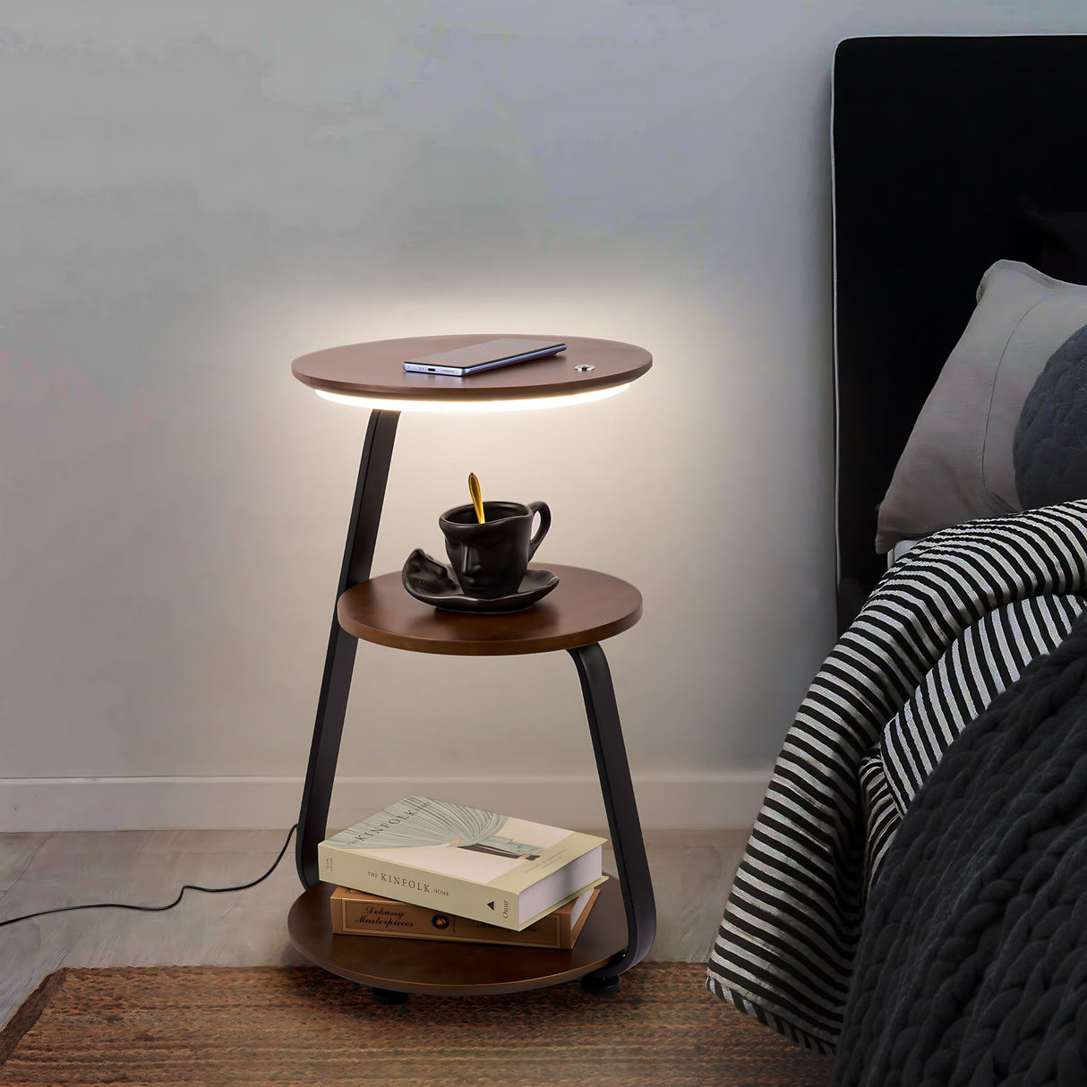 Smart Nightstand with Wireless Charger & Dimmable LED Night Light