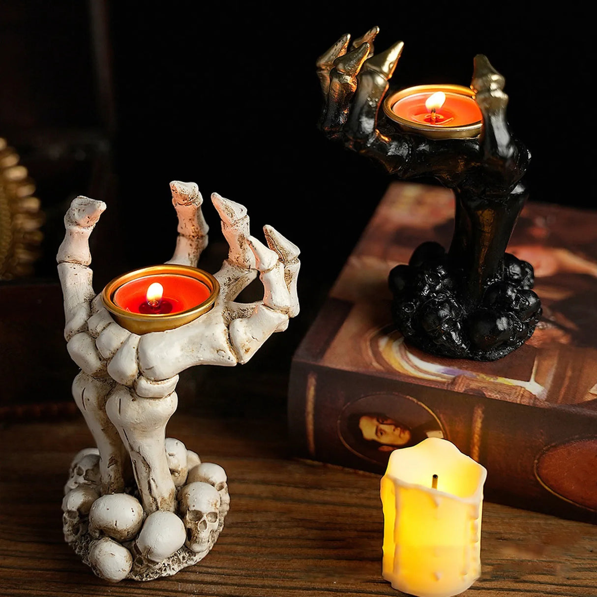 Spooky Bonfire Candle Holder – Halloween Resin Statue for Mantel or Tabletop Decor