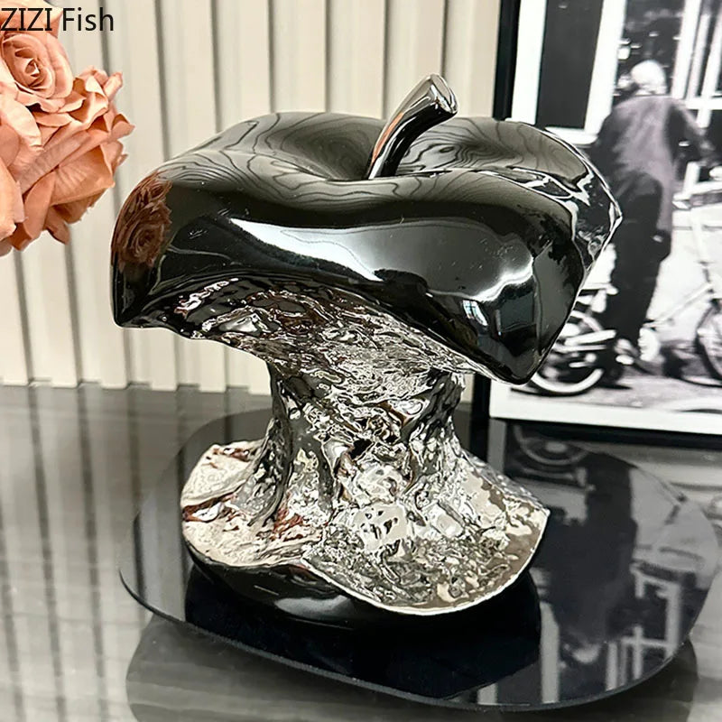 Silver-Plated Gnawed Apple Sculpture - Elegant Ceramic Decor