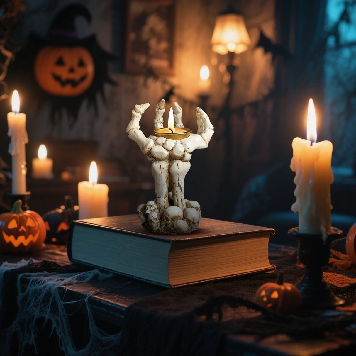Spooky Bonfire Candle Holder – Halloween Resin Statue for Mantel or Tabletop Decor