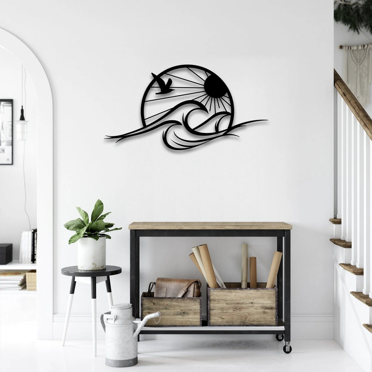 Sun and Waves Metal Wall Art – Modern Black Steel Wall Décor