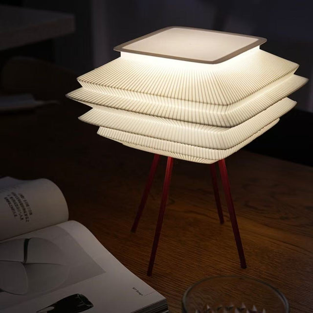 Modern Pleated Table Lamp – 3D Printed LED Desk Light with Red Tripod Base-0