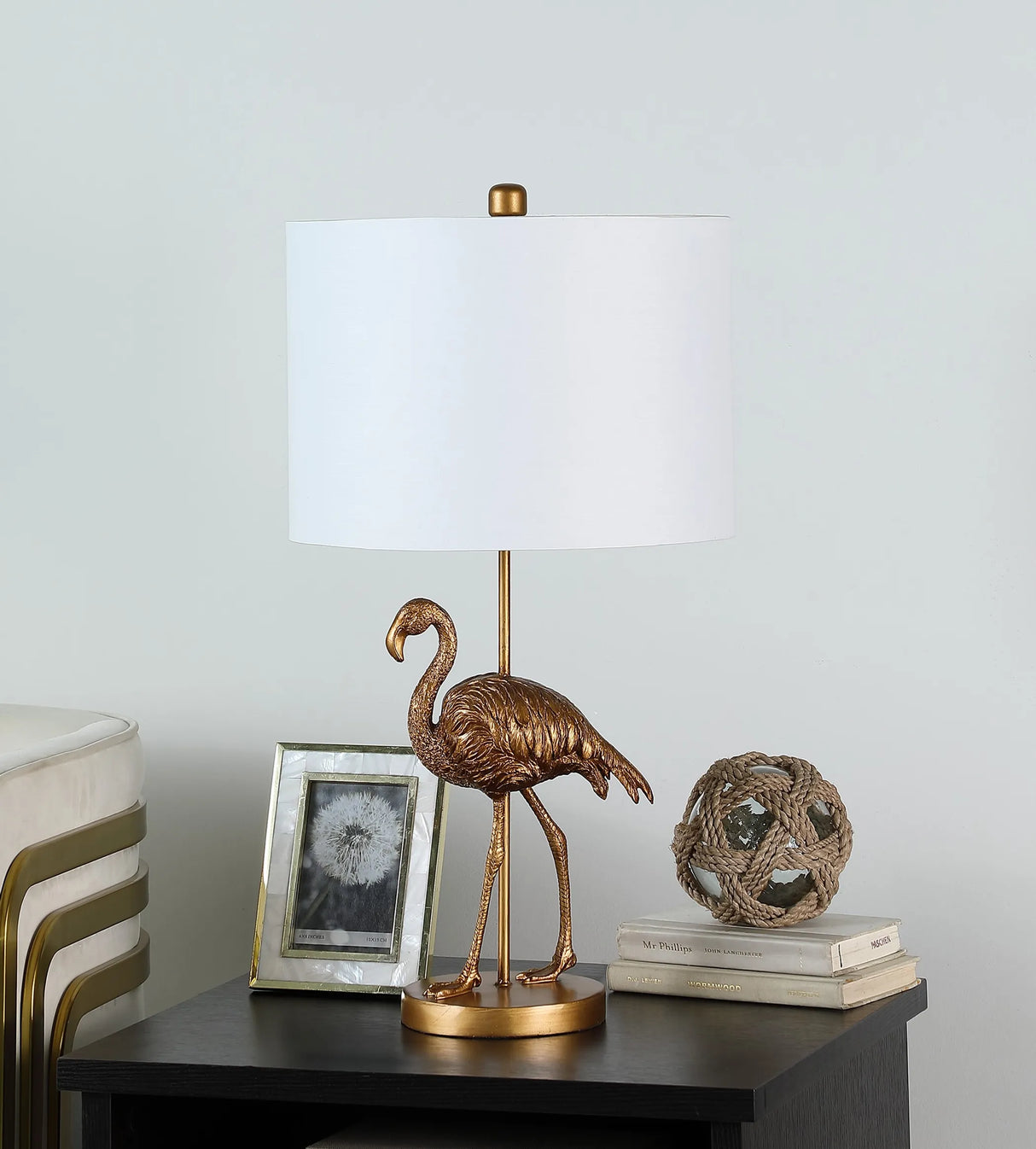 26" Gold Flamingo Table Lamp With White Drum Shade
