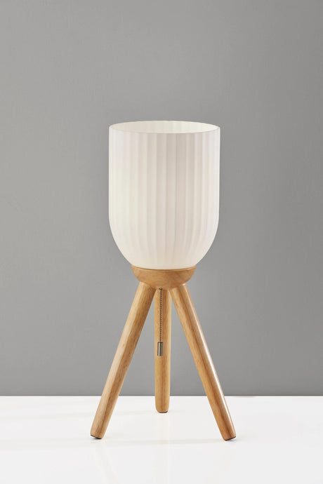 23" Natural Solid Wood Tripod Table Lamp With White Ribbed Glass Shade