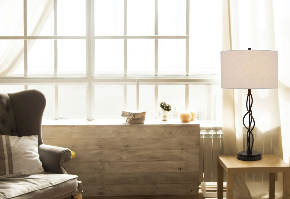 30" Black Metal Candlestick Table Lamp With Off White Drum Shade