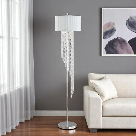 66" Clear And Silver Crystal And Metal Floor Lamp With White Linen Drum Shade