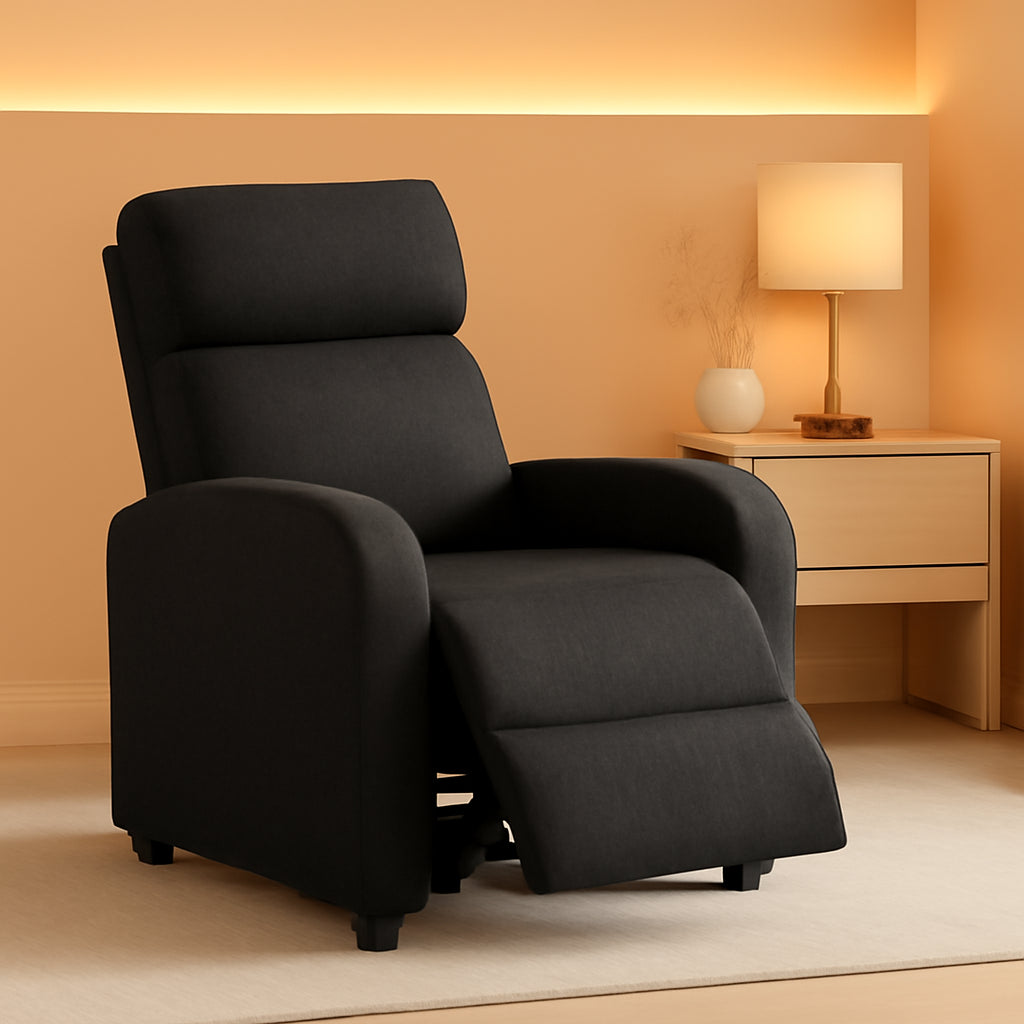 Fabric Push Back Recliner Chair Pocket Spring Matte Black