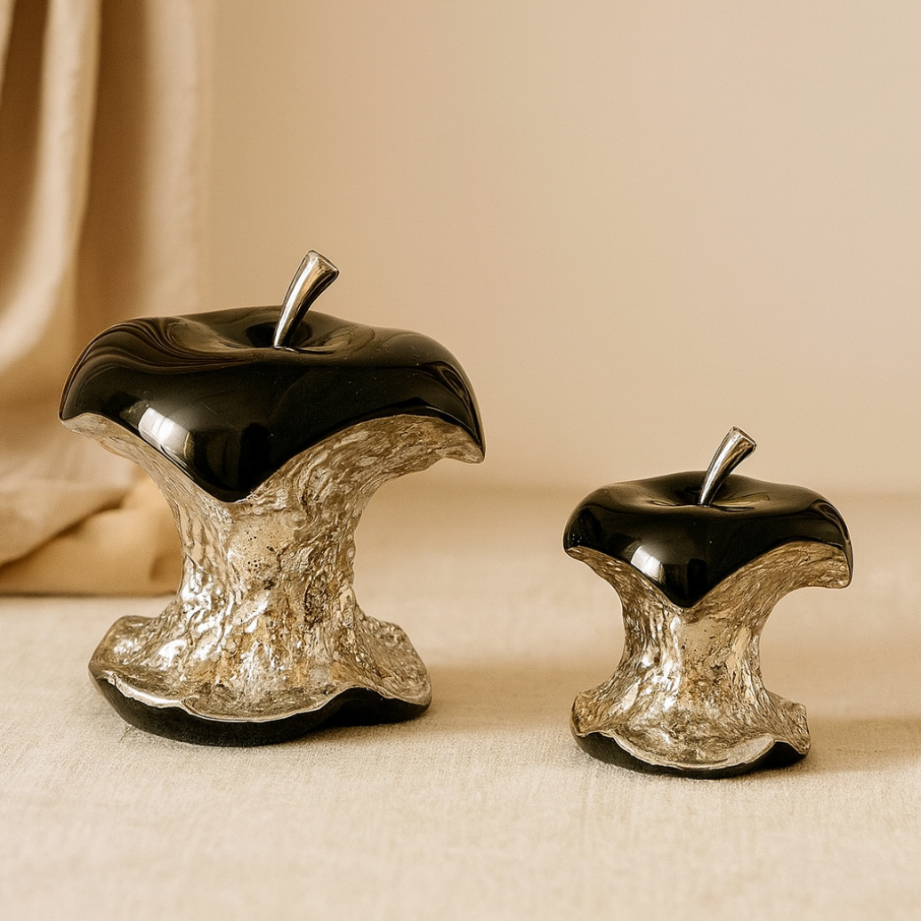 Silver-Plated Gnawed Apple Sculpture - Elegant Ceramic Decor