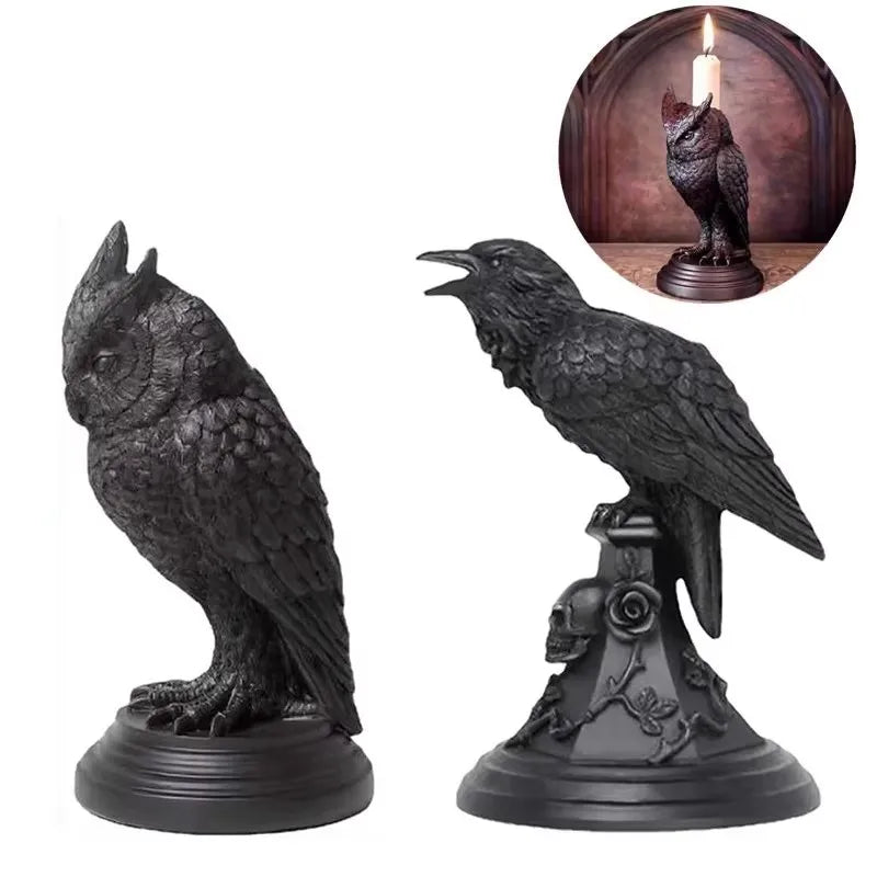 Gothic Crow Candle Holder – Retro Black Owl Candlestick | Resin Sculpture Halloween Statue | Fun Home Decor