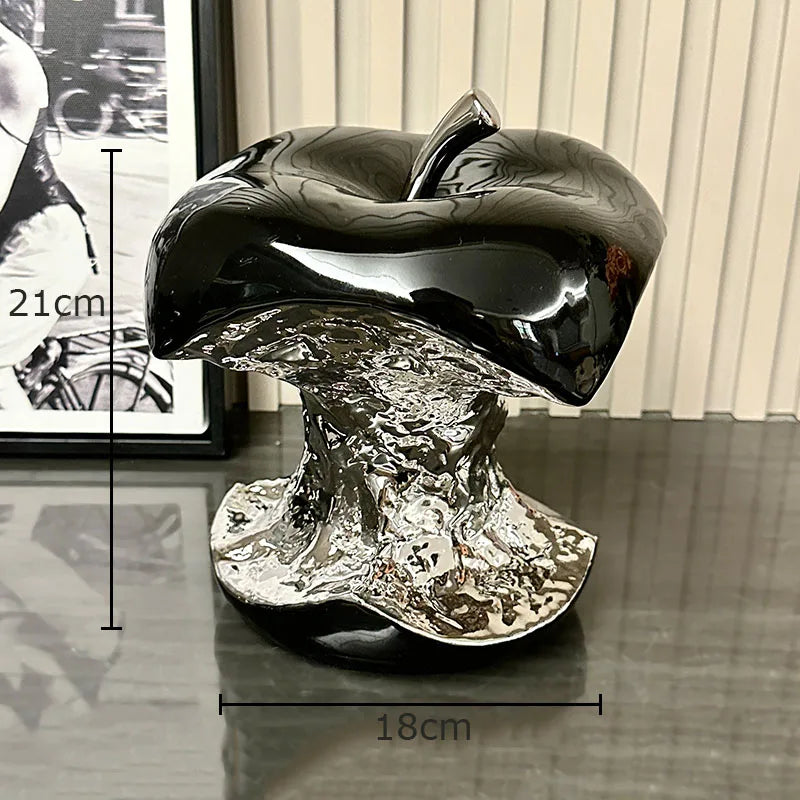Gnawed Apple Artworks – Silver-Plated Fruit Statue | Ceramic Desk Sculpture & Aesthetic Room Decor