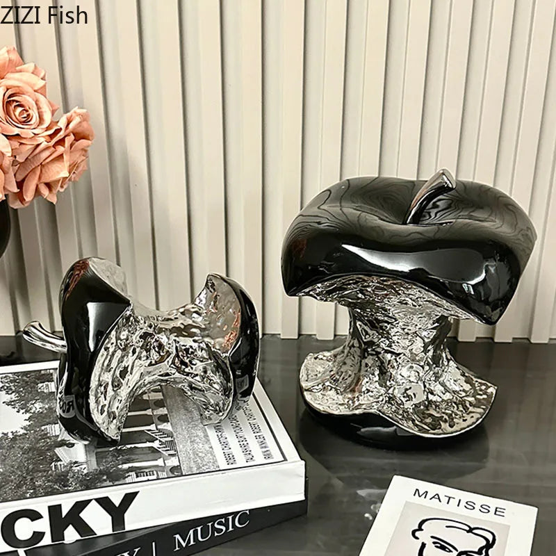 Gnawed Apple Artworks – Silver-Plated Fruit Statue | Ceramic Desk Sculpture & Aesthetic Room Decor