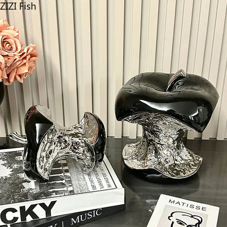 Gnawed Apple Artworks – Silver-Plated Fruit Statue | Ceramic Desk Sculpture & Aesthetic Room Decor
