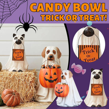 Halloween Dog & Cat Statues – Ghost Dog Candy Bowl Holder | Multifunctional Anti-Fading Festival Party Decoration & Gift