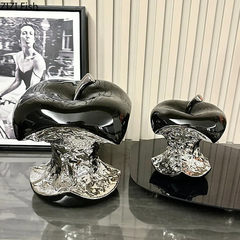 Gnawed Apple Artworks – Silver-Plated Fruit Statue | Ceramic Desk Sculpture & Aesthetic Room Decor