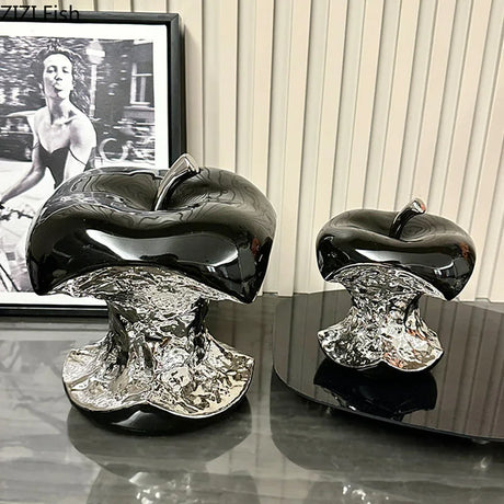 Silver-Plated Gnawed Apple Sculpture - Elegant Ceramic Decor